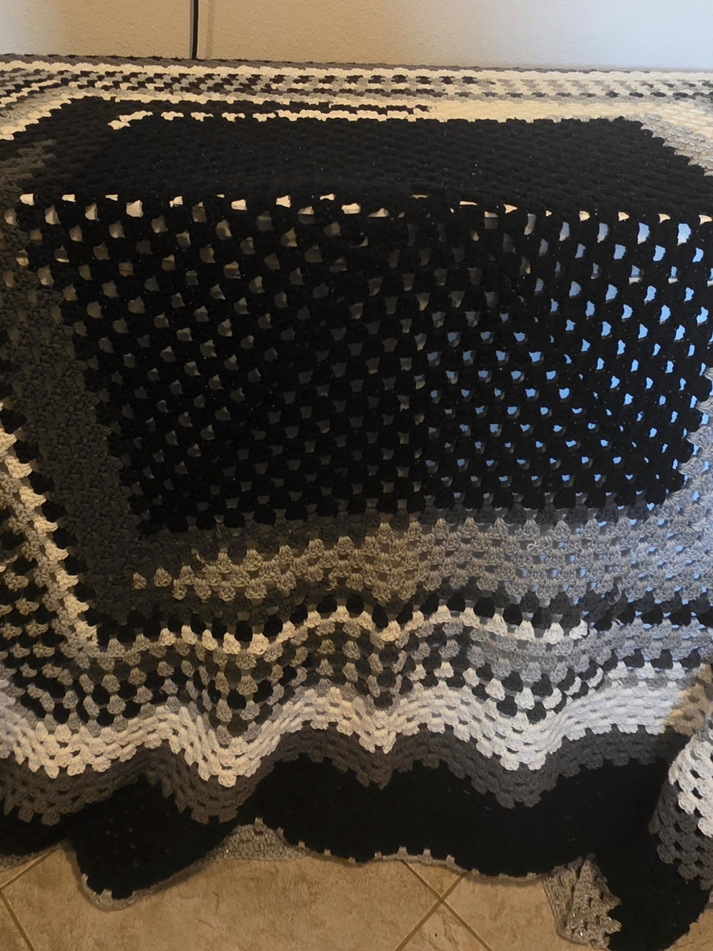 Large Crochet Granny Square Blanket Black Gray White 71.5 x 69 Inches